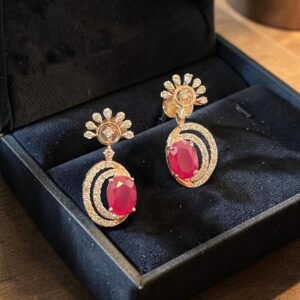 Pave 3.09 Cts Round Brilliant F/VS1 Diamonds Ruby Dangle Earrings 14K Rose Gold