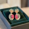 N-488-E (22) Pave 3.09 Cts Round Brilliant F/VS1 Diamonds Ruby Dangle Earrings 14K Rose Gold