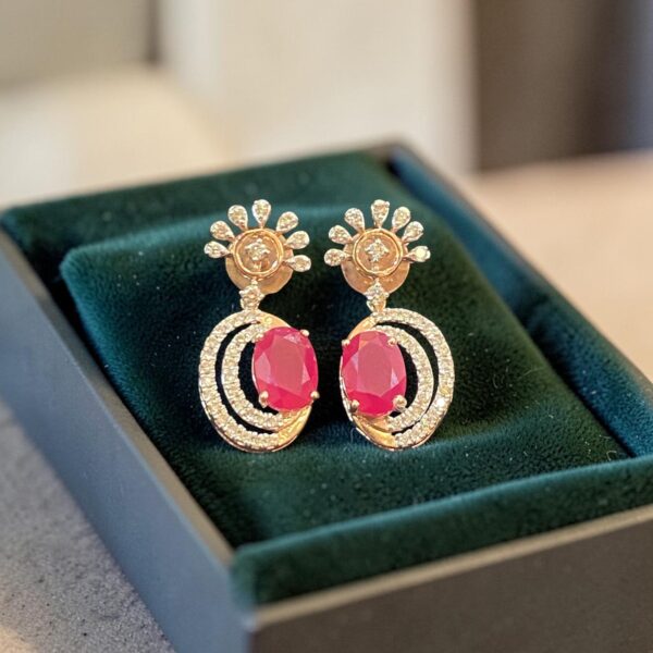 N-488-E (22) Pave 3.09 Cts Round Brilliant F/VS1 Diamonds Ruby Dangle Earrings 14K Rose Gold