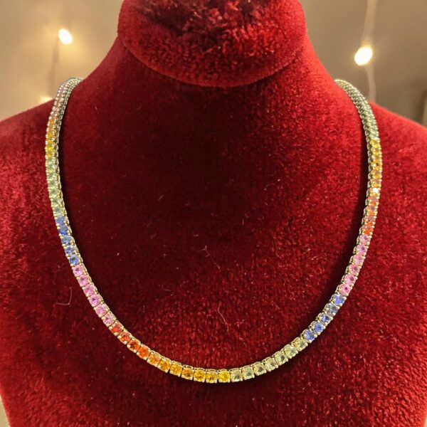 N-491 (24) Classy 29.62 Cts Natural Sapphire Unisex Rainbow Tennis Necklace 18K Yellow Gold