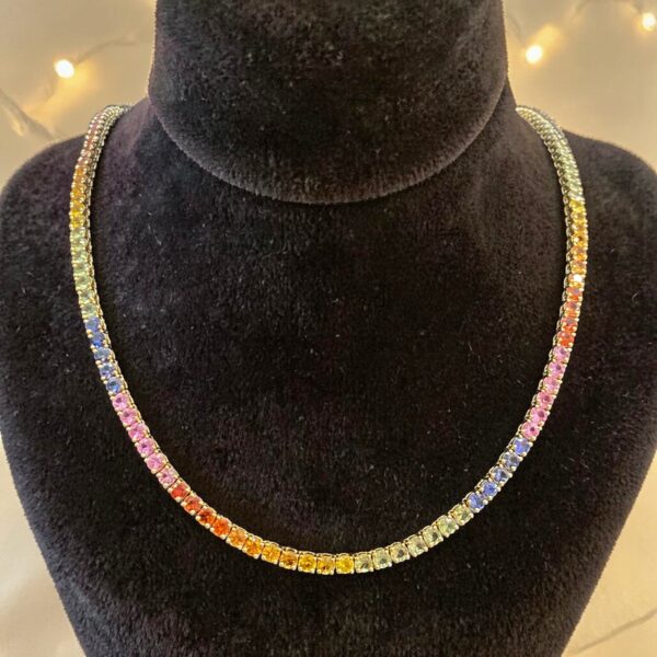 N-491 (25) Classy 29.62 Cts Natural Sapphire Unisex Rainbow Tennis Necklace 18K Yellow Gold