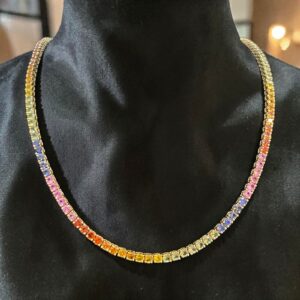 N-491 (26) Classy 29.62 Cts Natural Sapphire Unisex Rainbow Tennis Necklace 18K Yellow Gold