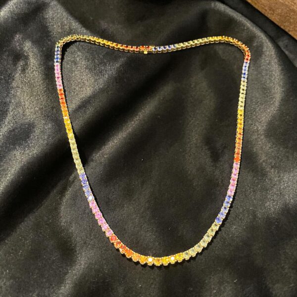 N-491 (27) Classy 29.62 Cts Natural Sapphire Unisex Rainbow Tennis Necklace 18K Yellow Gold