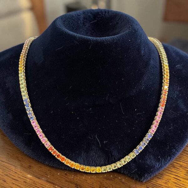 N-491 (28) Classy 29.62 Cts Natural Sapphire Unisex Rainbow Tennis Necklace 18K Yellow Gold