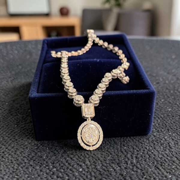 N-499-W (26) Stunning 2.32 Carats Round Baguette Shape F/VS1 Diamonds Necklace 14K White Gold