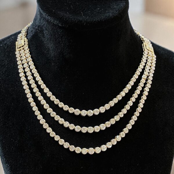 9.70 Cts Round Brilliant F/VS1 Diamonds 3-Strand Tennis Necklace 14K Yellow Gold