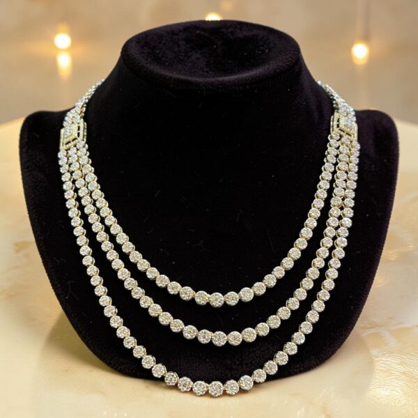 9.70 Cts Round Brilliant F/VS1 Diamonds 3-Strand Tennis Necklace 14K Yellow Gold