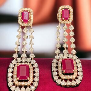 N-507-E (6) 5.40 Carats Round Brilliant Natural Diamonds Ruby Dangle Earrings 14K Rose Gold