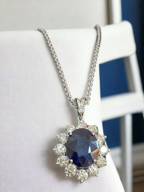 N-508 (23) 9.01 Cts Round Brilliant Cut Natural Diamonds Blue Sapphire Necklace 18K Gold