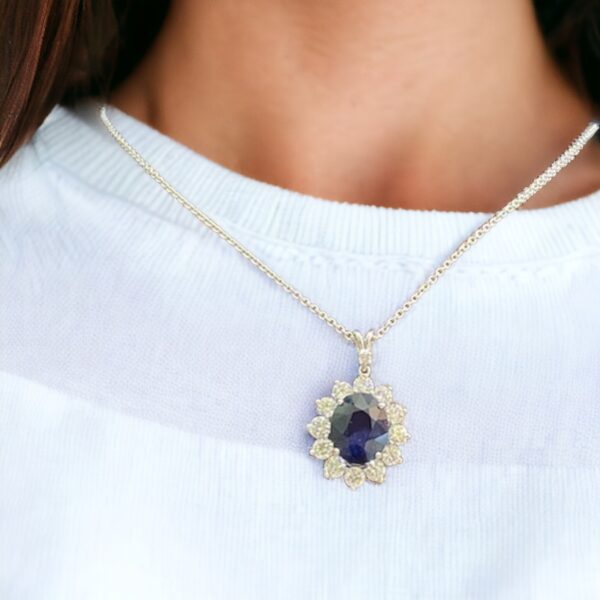 N-508 (6) 9.01 Cts Round Brilliant Cut Natural Diamonds Blue Sapphire Necklace 18K Gold