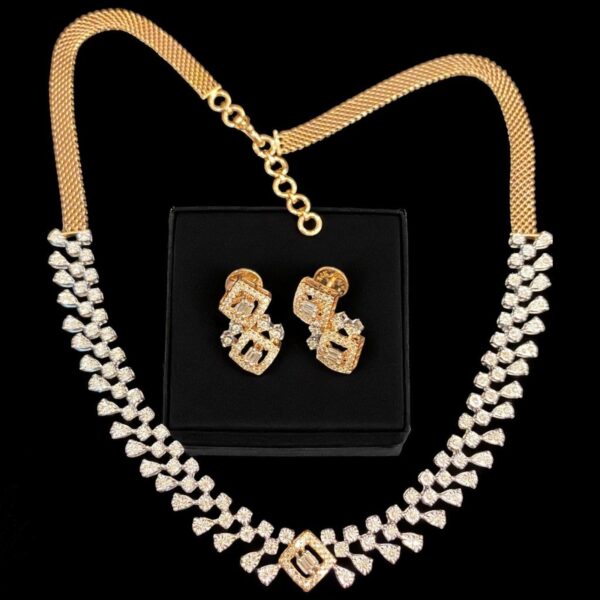 N-549 (21) 2.88 Carats Round Baguette Cut Natural Diamonds Necklace Earrings 14K Two-Tone Gold