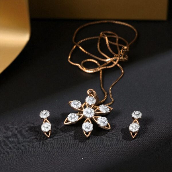 Pave 1.50 Cts Round Brilliant Cut Diamonds Necklace Earrings Set 14K Yellow Gold