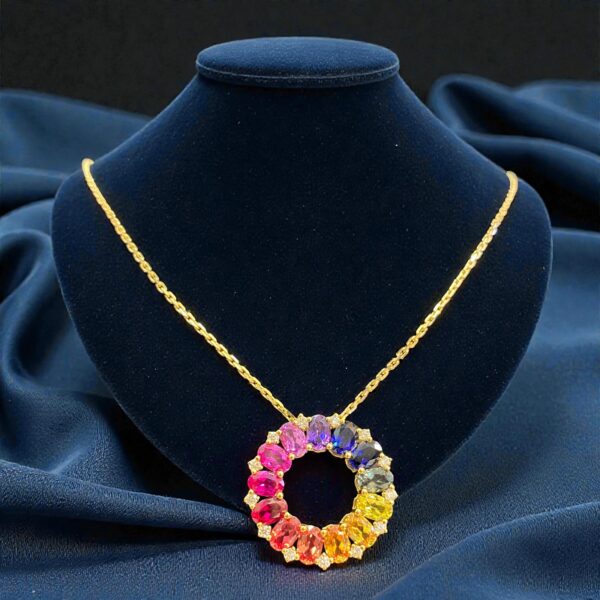 N-570 (21) 8.24 Cts Round Brilliant F/VS1 Diamonds Multi Sapphire Unisex Necklace 18K Gold