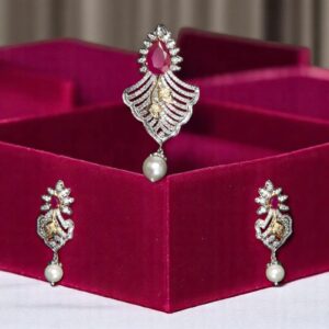 Pave 3.50 Cts Round Baguette Shape Diamonds Pearl Ruby Pendant Earrings 14K Gold