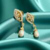 P-051-E (26) Pave 3.32 Cts Round Brilliant Diamonds Pearls Feather Dangle Earrings 14K Gold