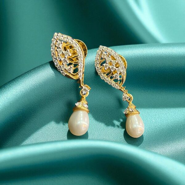 P-051-E (26) Pave 3.32 Cts Round Brilliant Diamonds Pearls Feather Dangle Earrings 14K Gold