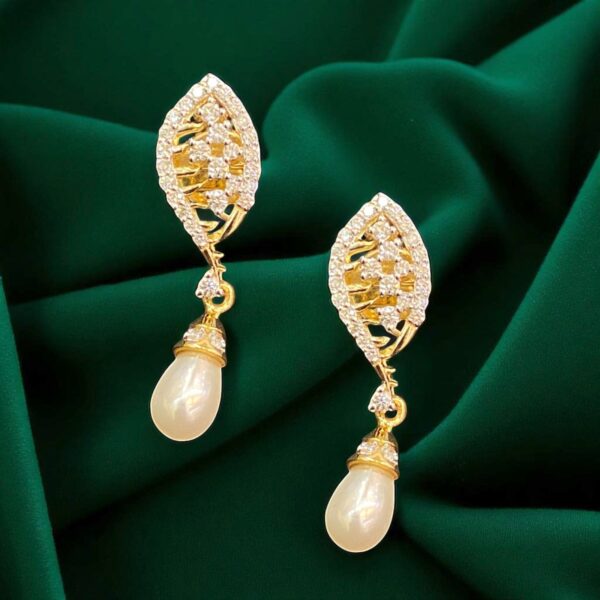 P-051-E (27) Pave 3.32 Cts Round Brilliant Diamonds Pearls Feather Dangle Earrings 14K Gold