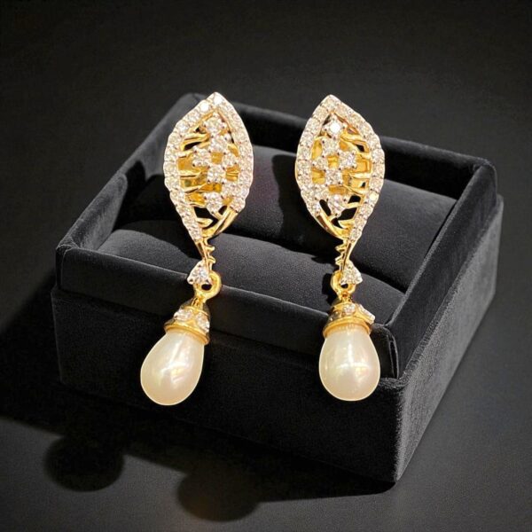 P-051-E (28) Pave 3.32 Cts Round Brilliant Diamonds Pearls Feather Dangle Earrings 14K Gold