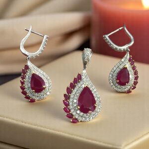 Pave 14.80 Cts Natural Diamonds Majestic Tear Ruby Pendant Earrings Set 14K Gold