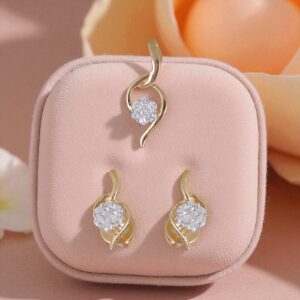 P-058 (13) Pave 0.70 Cts Round Brilliant Cut F/VS1 Diamonds Pendant Earrings Set 14K Gold