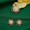 Pave 1.72 Cts Round Brilliant Cut Diamonds Floral Pendant Earrings Set 14K Gold