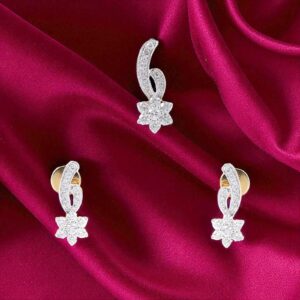P-079 (8) 1.58 Cts Round Brilliant Cut F/VS1 Diamonds Floral Pendant Earrings Set 14K Gold