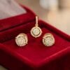 Pave 0.72 Cts Round Brilliant F/VS1 Diamonds Halo Pendant Earrings Set 14K Gold