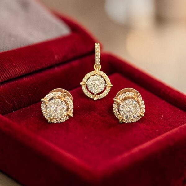 Pave 0.72 Cts Round Brilliant F/VS1 Diamonds Halo Pendant Earrings Set 14K Gold