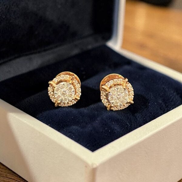 Pave 0.72 Cts Round Brilliant F/VS1 Diamonds Halo Pendant Earrings Set 14K Gold