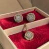 Pave 0.72 Cts Round Brilliant F/VS1 Diamonds Halo Pendant Earrings Set 14K Gold