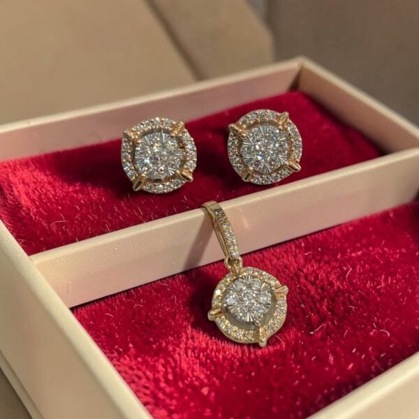 Pave 0.72 Cts Round Brilliant F/VS1 Diamonds Halo Pendant Earrings Set 14K Gold