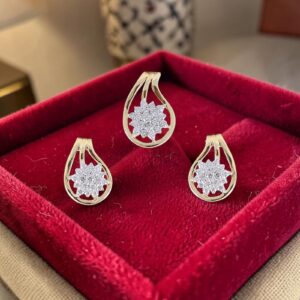 Pave 0.90 ct Round Brilliant F/VS1 Diamonds Floral Pendant Earrings Set 14K Gold