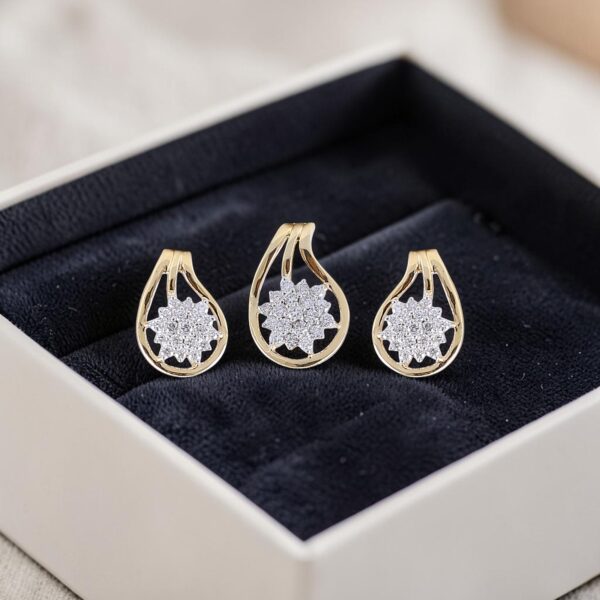 Pave 0.90 ct Round Brilliant F/VS1 Diamonds Floral Pendant Earrings Set 14K Gold