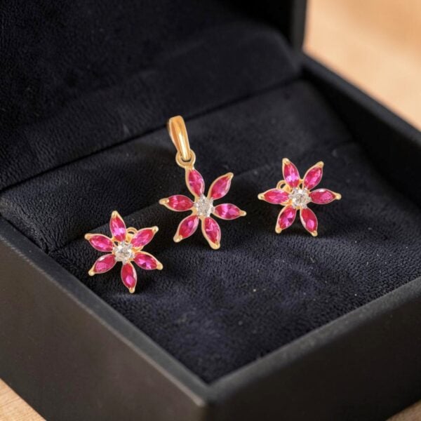 P-109 (7) 4.83 Ct Round Brilliant F/VS1 Diamonds Ruby Pendant Earrings Set 18K Yellow Gold