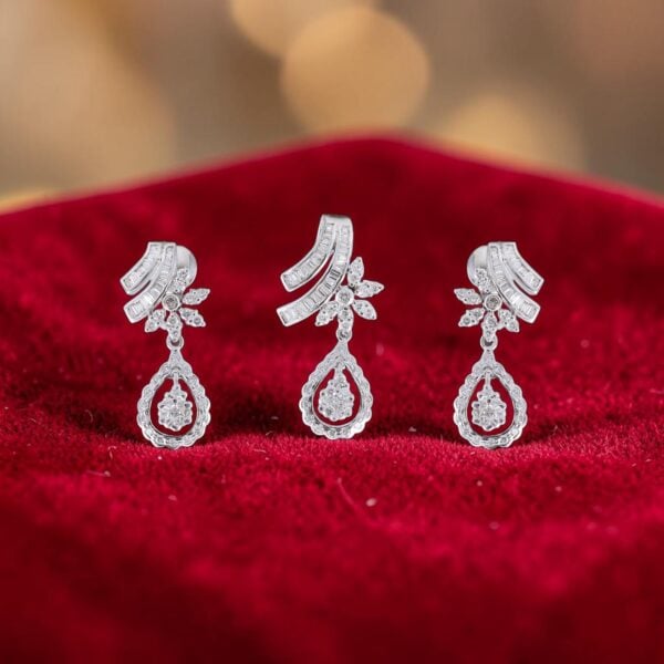 3.66 Cts Round Baguette Shape F/VS1 Diamonds Pendant Earrings Set in 14K White Gold