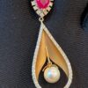 Pave 3.50 Carats Round Brilliant Natural Diamonds Ruby Pearl Pendant In 14K Gold