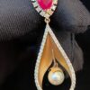 Pave 3.50 Carats Round Brilliant Natural Diamonds Ruby Pearl Pendant In 14K Gold