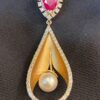 Pave 3.50 Carats Round Brilliant Natural Diamonds Ruby Pearl Pendant In 14K Gold