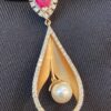 Pave 3.50 Carats Round Brilliant Natural Diamonds Ruby Pearl Pendant In 14K Gold