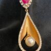 Pave 3.50 Carats Round Brilliant Natural Diamonds Ruby Pearl Pendant In 14K Gold