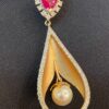 Pave 3.50 Carats Round Brilliant Natural Diamonds Ruby Pearl Pendant In 14K Gold