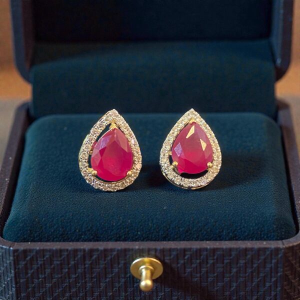 P-498-E (17) Pave 4.17 Cts Round Brilliant F/VS1 Diamonds Ruby Stud Earrings In Fine 18K Gold