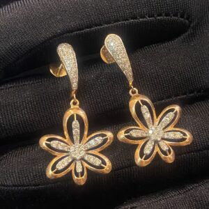Pave 1.18 Cts Round Brilliant Cut Diamonds Flower Charm Dangle Earrings 14K Gold