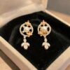 P-535-E (23) Pave 3.95 Cts Round Brilliant F/VS1 Diamonds Pearl Dangle Earrings 14K Rose Gold