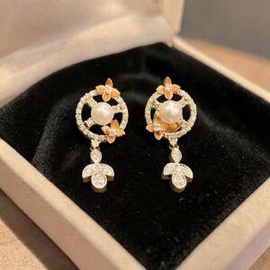 Pave 3.95 Cts Round Brilliant F/VS1 Diamonds Pearl Dangle Earrings 14K Rose Gold