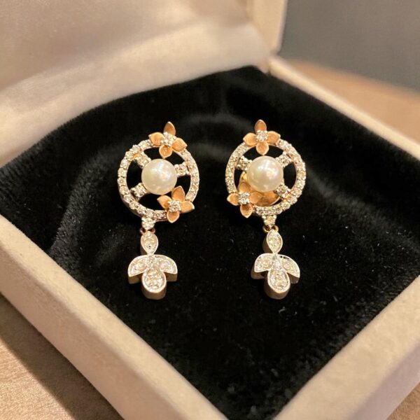 P-535-E (23) Pave 3.95 Cts Round Brilliant F/VS1 Diamonds Pearl Dangle Earrings 14K Rose Gold