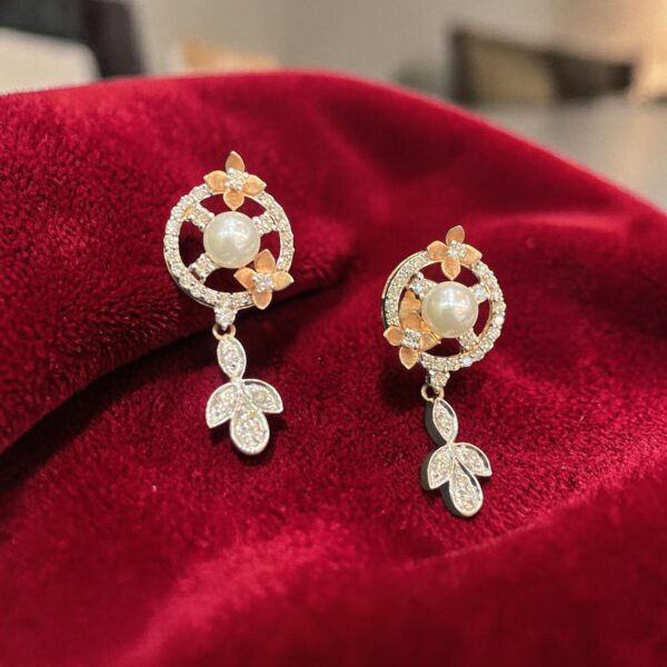 P-535-E (24) Pave 3.95 Cts Round Brilliant F/VS1 Diamonds Pearl Dangle Earrings 14K Rose Gold