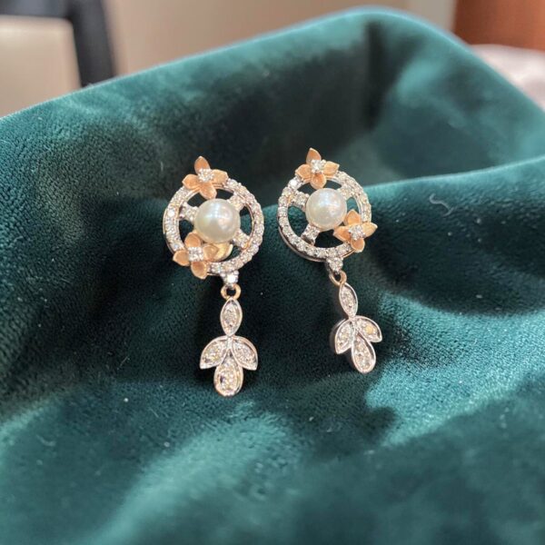 P-535-E (25) Pave 3.95 Cts Round Brilliant F/VS1 Diamonds Pearl Dangle Earrings 14K Rose Gold