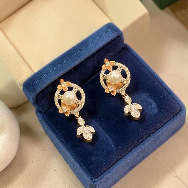 P-535-E (26) Pave 3.95 Cts Round Brilliant F/VS1 Diamonds Pearl Dangle Earrings 14K Rose Gold