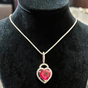 Pave 3.50 Cts Round Brilliant F/VS1 Diamonds Heart Ruby Necklace 14K White Gold